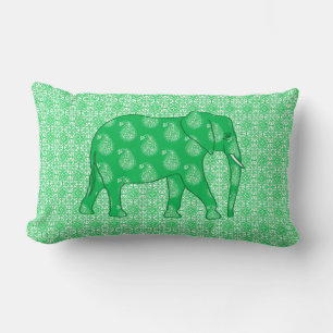 Paisley elephant - jade green and white lumbar pillow