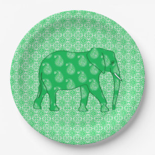 Paisley elephant - jade green and white paper plates