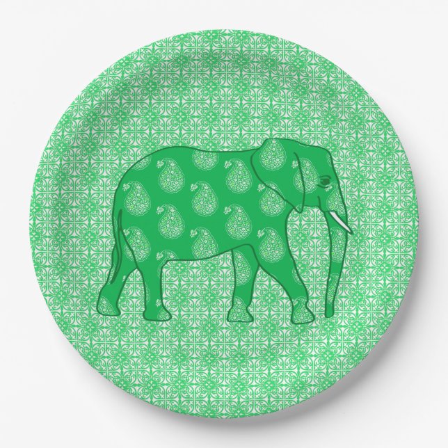Paisley elephant - jade green and white paper plates (Front)