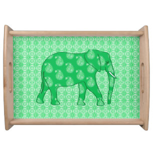 Paisley elephant - jade green and white serving tray