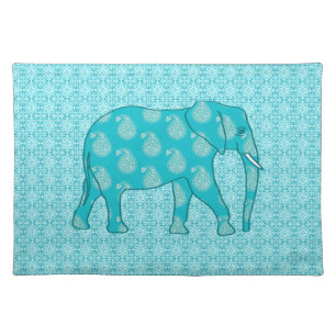 Paisley elephant - turquoise and aqua cloth placemat