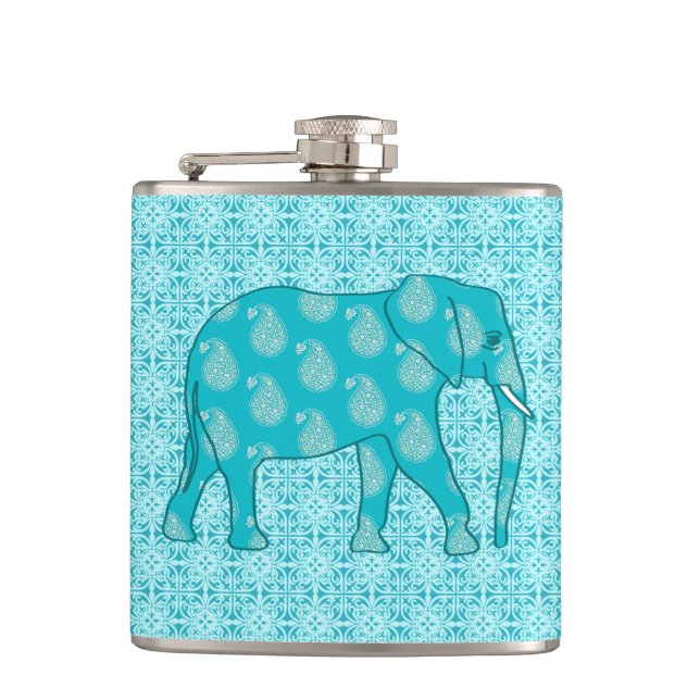 Paisley elephant - turquoise and aqua flask (Front)