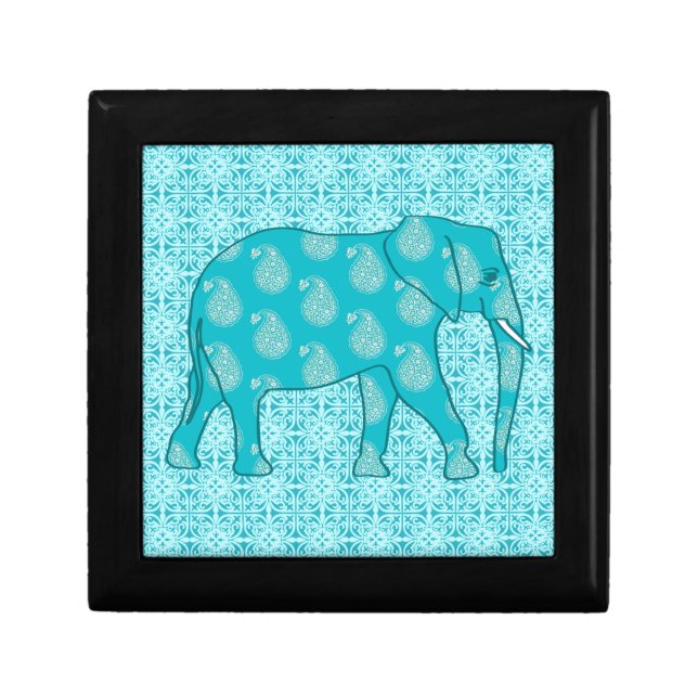 Paisley elephant - turquoise and aqua keepsake box (Front)