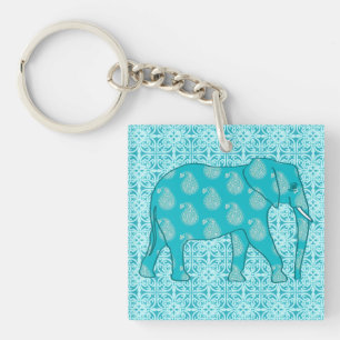 Paisley elephant - turquoise and aqua keychain