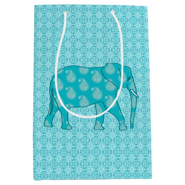 Paisley Elephant, Turquoise and Aqua Medium Gift Bag (Front)