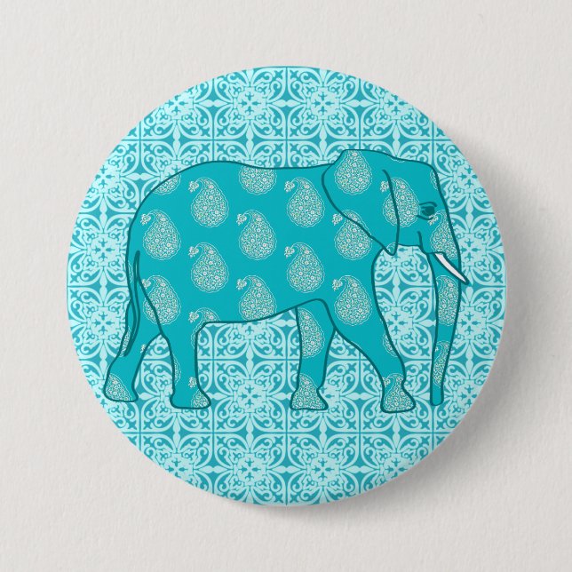 Paisley elephant - turquoise and aqua pinback button (Front)