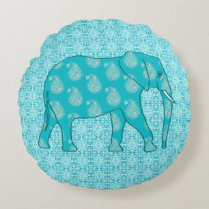 Paisley elephant - turquoise and aqua round pillow