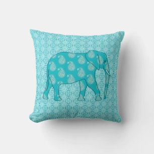 Paisley elephant - turquoise and aqua throw pillow