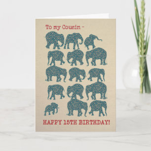 Paisley Elephants 15th Birthday Card for Cousin