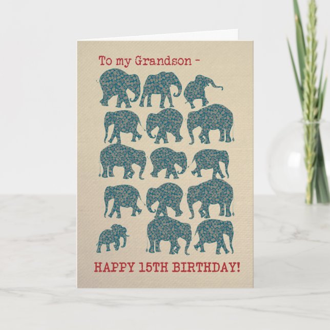 Paisley Elephants 15th Birthday Card for Grandson (Front)