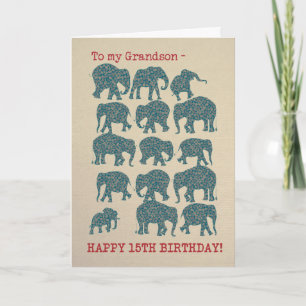 Paisley Elephants 15th Birthday Card for Grandson