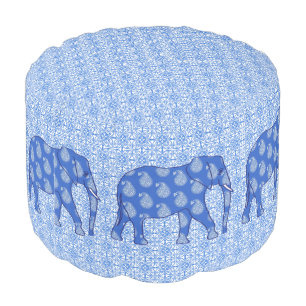 Paisley elephants - cobalt blue and white pouf