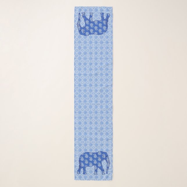Paisley Elephants, cobalt blue and white Scarf (Front)