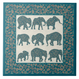 Paisley Elephants on Beige and Border Ceramic Tile