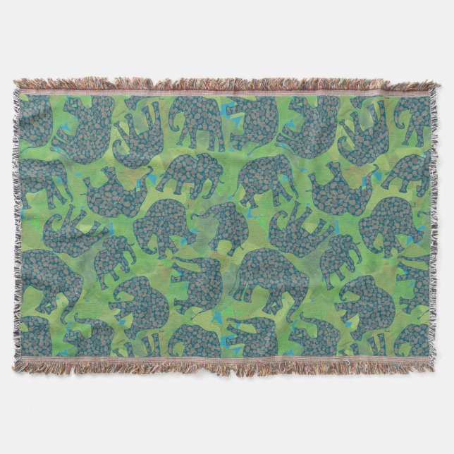 Paisley Elephants on Green Leaves Throw Blanket (Front)
