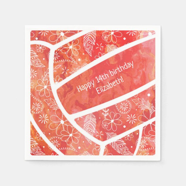 Paisley feather doodles red orange volleyball napkins (Front)
