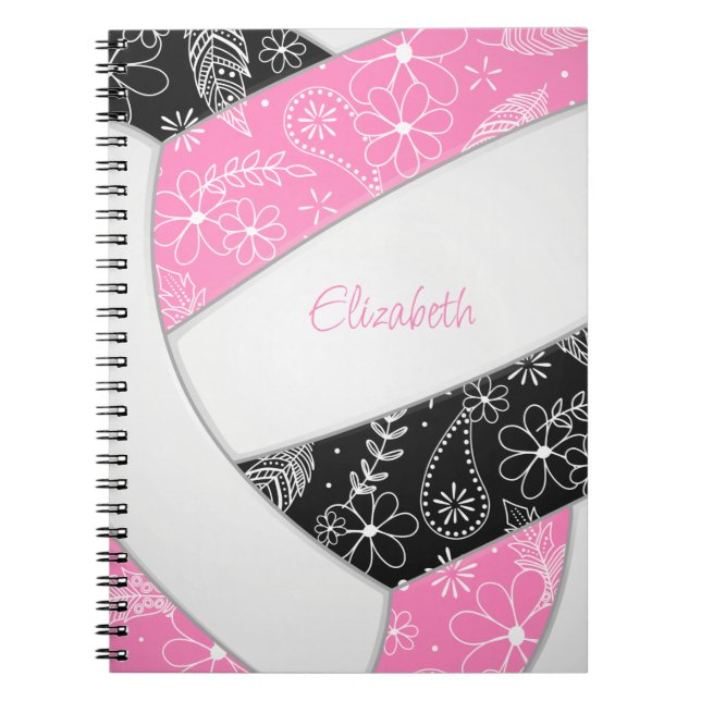paisley feather floral pink black boho volleyball notebook (Front)