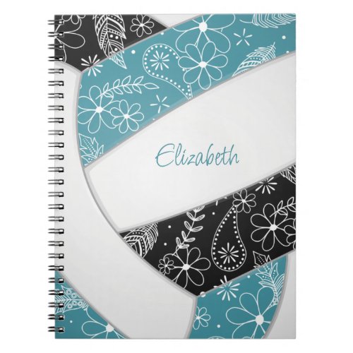 paisley feather floral teal black boho volleyball notebook