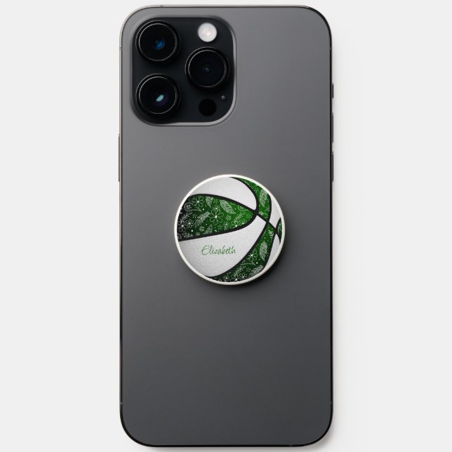 paisley feathers girls green white boho basketball PopSocket (Front)