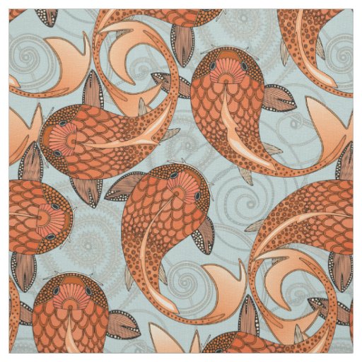 paisley fish celadon blue fabric