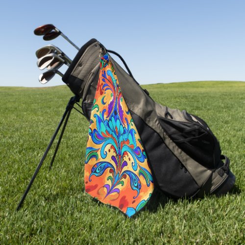 Paisley Floral Abstract Art Coral and Blue Golf Towel