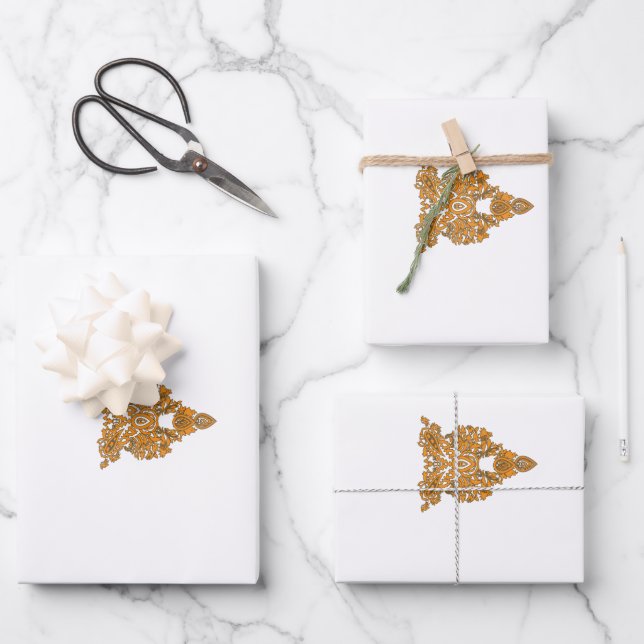 Paisley Floral Art • Orange Boho Decor Wrapping Paper Sheets (Front)