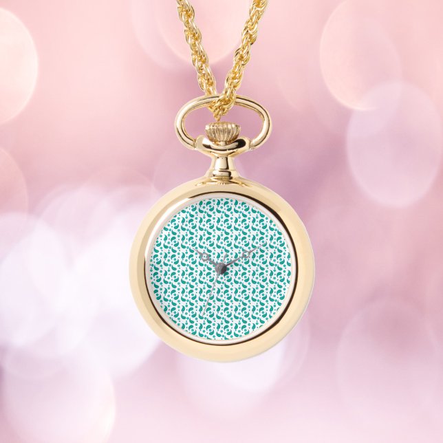 Paisley Floral Boho Design Green Blue Watch (A watch necklace featuring a paisley boho floral pattern in teal blue and green.)