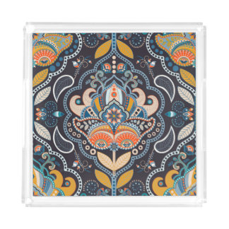 Paisley Floral: Dark Indian Pattern Acrylic Tray