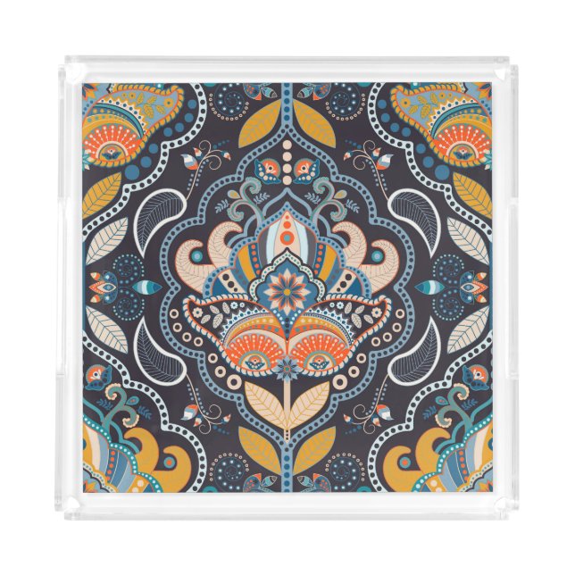 Paisley Floral: Dark Indian Pattern Acrylic Tray (Front)