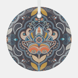 Paisley Floral: Dark Indian Pattern Glass Ornament