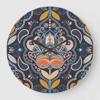 Paisley Floral: Dark Indian Pattern Large Clock