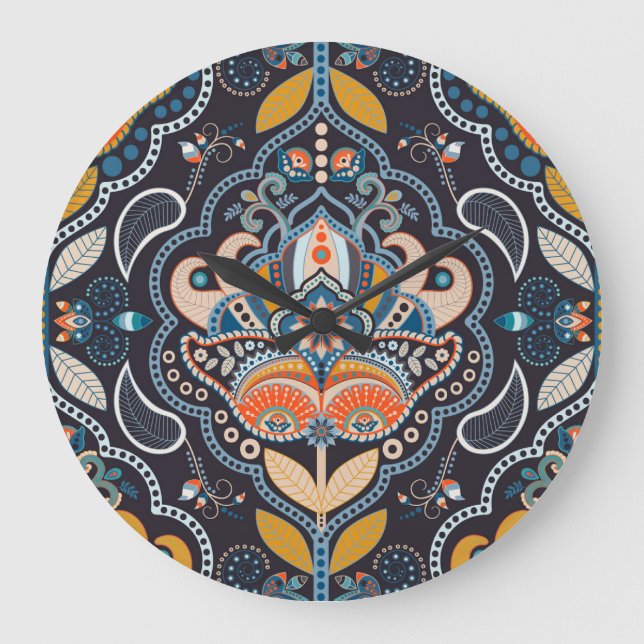 Paisley Floral: Dark Indian Pattern Large Clock (Front)