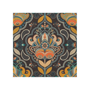 Paisley Floral: Dark Indian Pattern Wood Wall Art