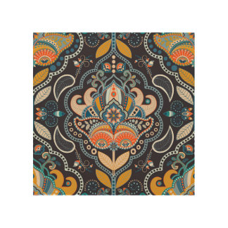 Paisley Floral: Dark Indian Pattern Wood Wall Art