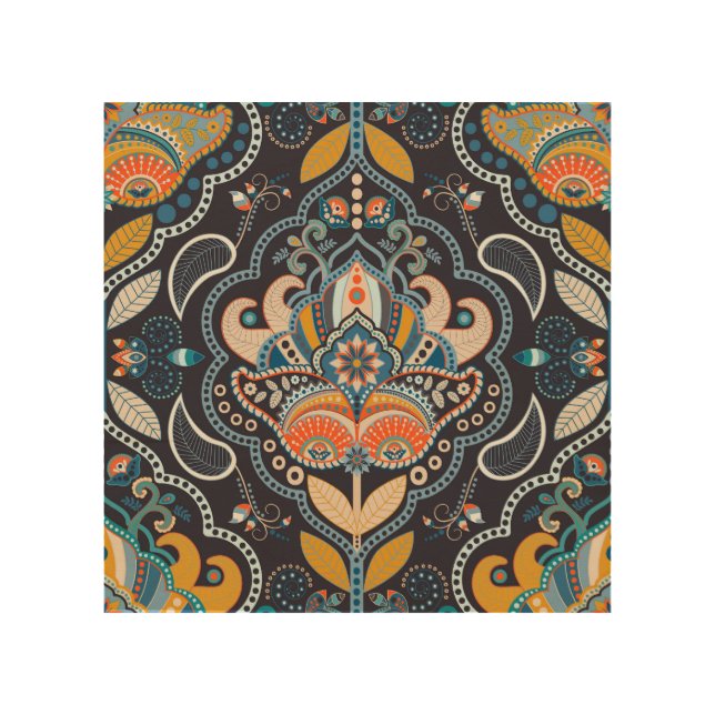 Paisley Floral: Dark Indian Pattern Wood Wall Art (Front)