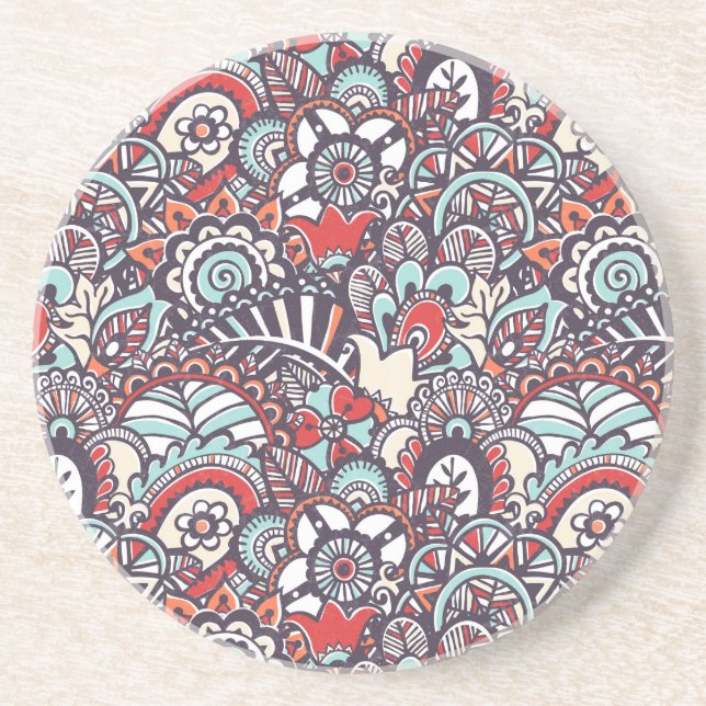 Paisley Floral Doodle Pattern Drink Coaster (Front)