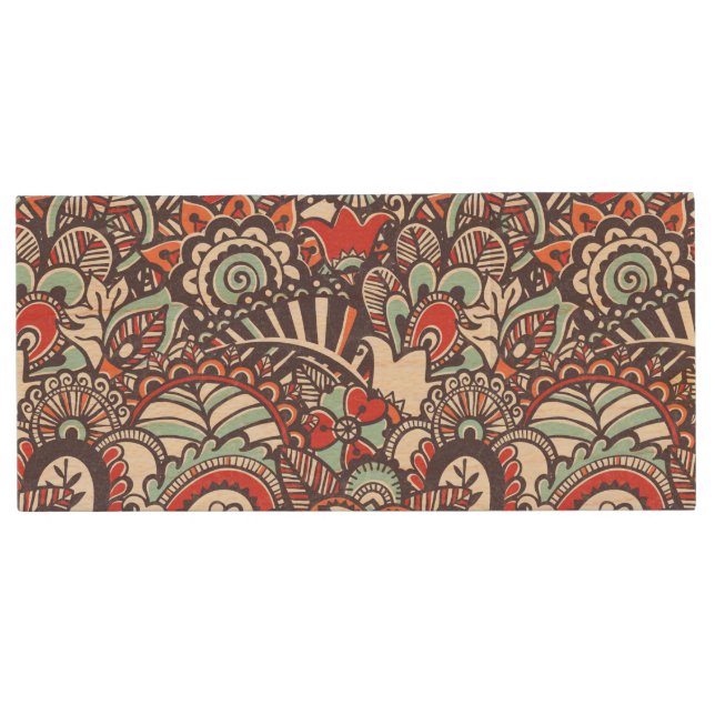 Paisley Floral Doodle Pattern Wood USB Flash Drive (Front)
