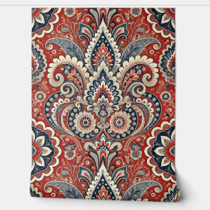 Paisley Floral Fusion in Red, White, and Blu Wallpaper