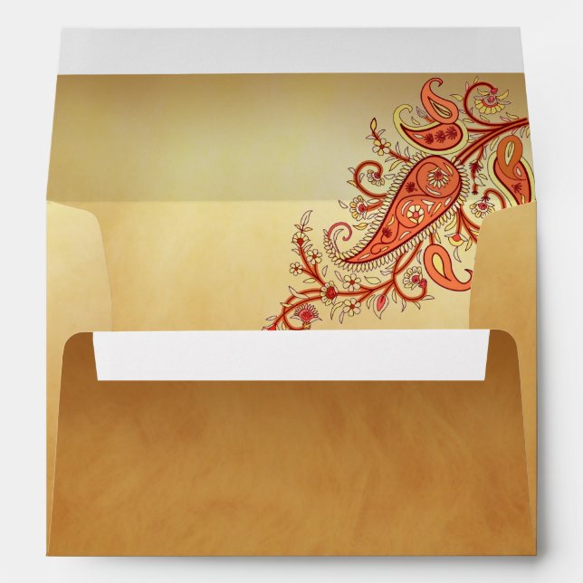 Paisley Floral Gold Red Orange Indian Wedding Envelope (Back (Bottom))