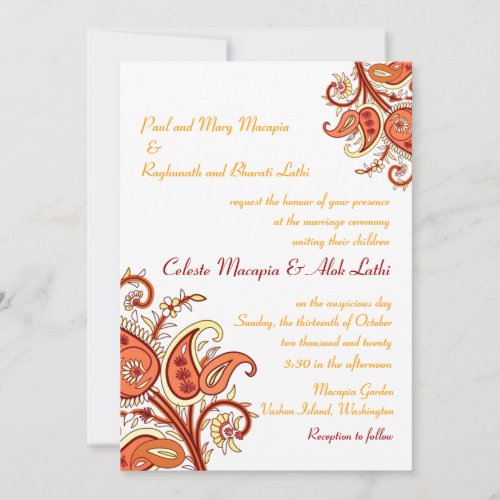 Paisley Floral Gold Red Orange Indian Wedding Invitation
