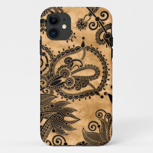 Paisley Floral  Ornament _ Black and Pastel Gold iPhone 11 Case