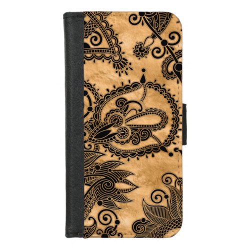 Paisley Floral  Ornament _ Black and Pastel Gold iPhone 87 Wallet Case