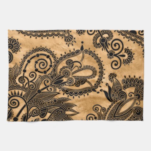 Paisley Floral  Ornament _ Black and Pastel Gold Kitchen Towel