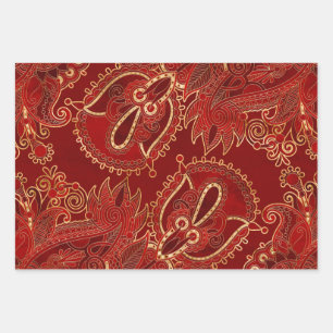 Paisley Floral Ornament Ruby red and gold Wrapping Paper Sheets