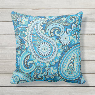 Paisley Floral Pattern Blue Outdoor Pillow