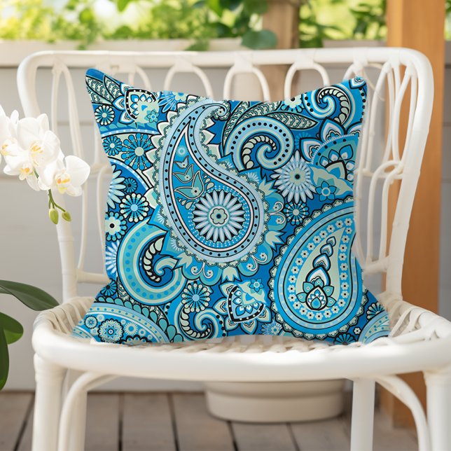 Paisley Floral Pattern Blue Outdoor Pillow (Creator Uploaded)