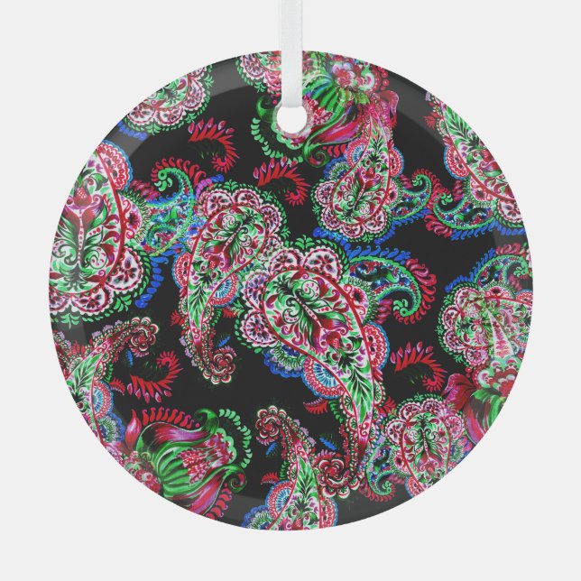 Paisley Floral Pattern, Ethnic Background. Glass Ornament (Front)