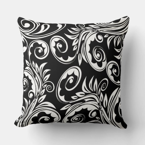 Paisley floral pattern swirl black white throw pillow