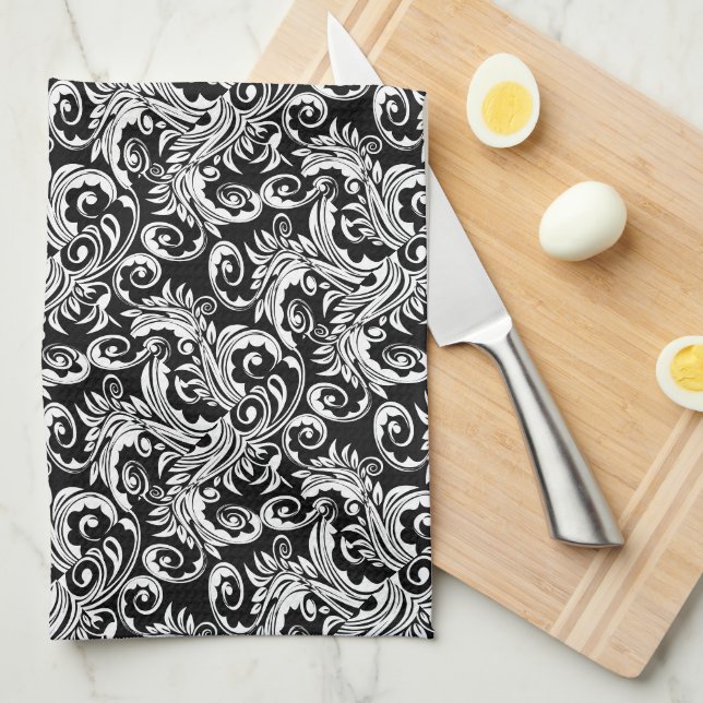Paisley floral pattern swirl black white towel (Quarter Fold)