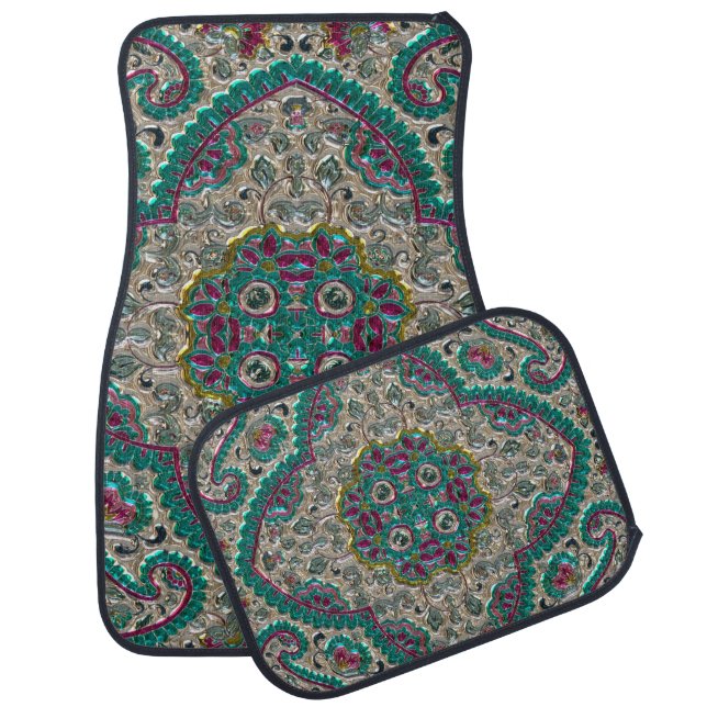 Paisley floral pattern teal silver pink bohemian  car floor mat (Set)